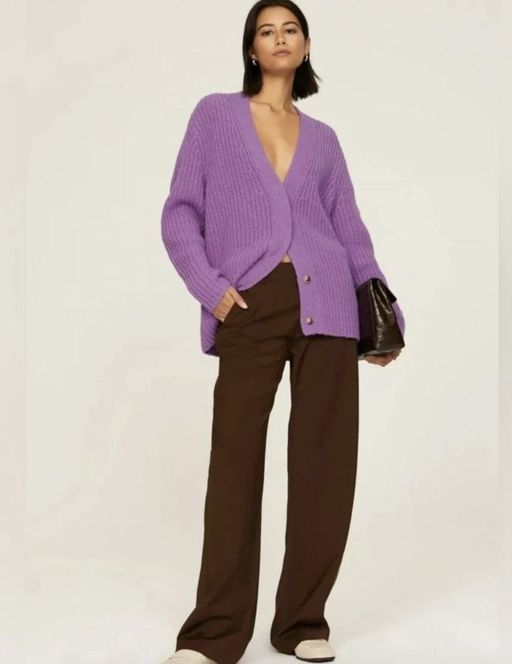 Vince Wool Alpaca Cardigan - XS Purple Oversized Chunky Knit Puff Sleeve $465